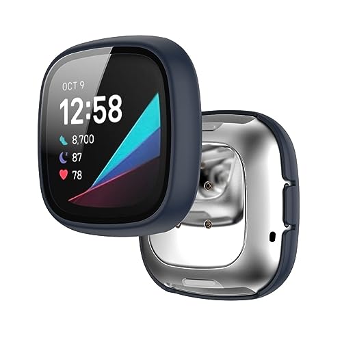 Hülle mit Glas Displayschutz Kompatibel mit Fitbit Versa 3 Smartwatch - Hart PC Schutzhülle Vollschutz Kratzfest Display Schutzfolie Ultradünne Schutz Case für Fitbit Versa 3 (Blau) von KAREN66