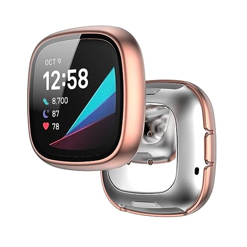 Hülle mit Glas Displayschutz Kompatibel mit Fitbit Versa 3 Smartwatch - Hart PC Schutzhülle Vollschutz Kratzfest Display Schutzfolie Ultradünne Schutz Case für Fitbit Versa 3 (Roségold) von KAREN66