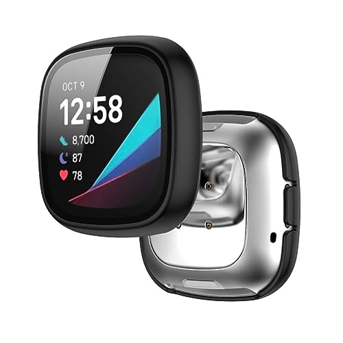 Hülle mit Glas Displayschutz Kompatibel mit Fitbit Versa 3 Smartwatch - Hart PC Schutzhülle Vollschutz Kratzfest Display Schutzfolie Ultradünne Schutz Case für Fitbit Versa 3 (Schwarz) von KAREN66