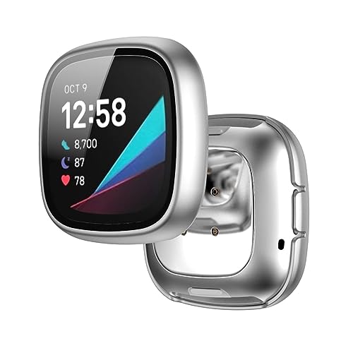 Hülle mit Glas Displayschutz Kompatibel mit Fitbit Versa 3 Smartwatch - Hart PC Schutzhülle Vollschutz Kratzfest Display Schutzfolie Ultradünne Schutz Case für Fitbit Versa 3 (Silber) von KAREN66