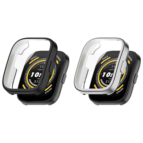 KAREN66 2 Stück Hülle mit Schutzfolie für Amazfit Bip 5 Schutzhülle, Flexibles TPU Kratzfest Rundum Abdeckung Schutz Case mit Displayschutz für Amazfit Bip 5 Smartwatch (Black+Silver, One Size) von KAREN66