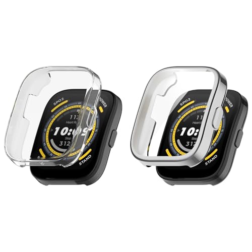 KAREN66 2 Stück Hülle mit Schutzfolie für Amazfit Bip 5 Schutzhülle, Flexibles TPU Kratzfest Rundum Abdeckung Schutz Case mit Displayschutz für Amazfit Bip 5 Smartwatch (Clear+Silver, One Size) von KAREN66