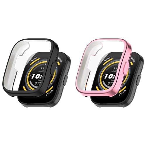 KAREN66 2 Stück Hülle mit Schutzfolie für Amazfit Bip 5 Schutzhülle, Flexibles TPU Kratzfest Rundum Abdeckung Schutz Case mit Displayschutz für Amazfit Bip 5 Smartwatch (Pink+Black, One Size) von KAREN66