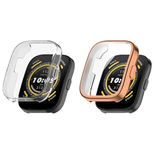 KAREN66 2 Stück Hülle mit Schutzfolie für Amazfit Bip 5 Schutzhülle, Flexibles TPU Kratzfest Rundum Abdeckung Schutz Case mit Displayschutz für Amazfit Bip 5 Smartwatch (Rose Gold+Clear, One Size) von KAREN66