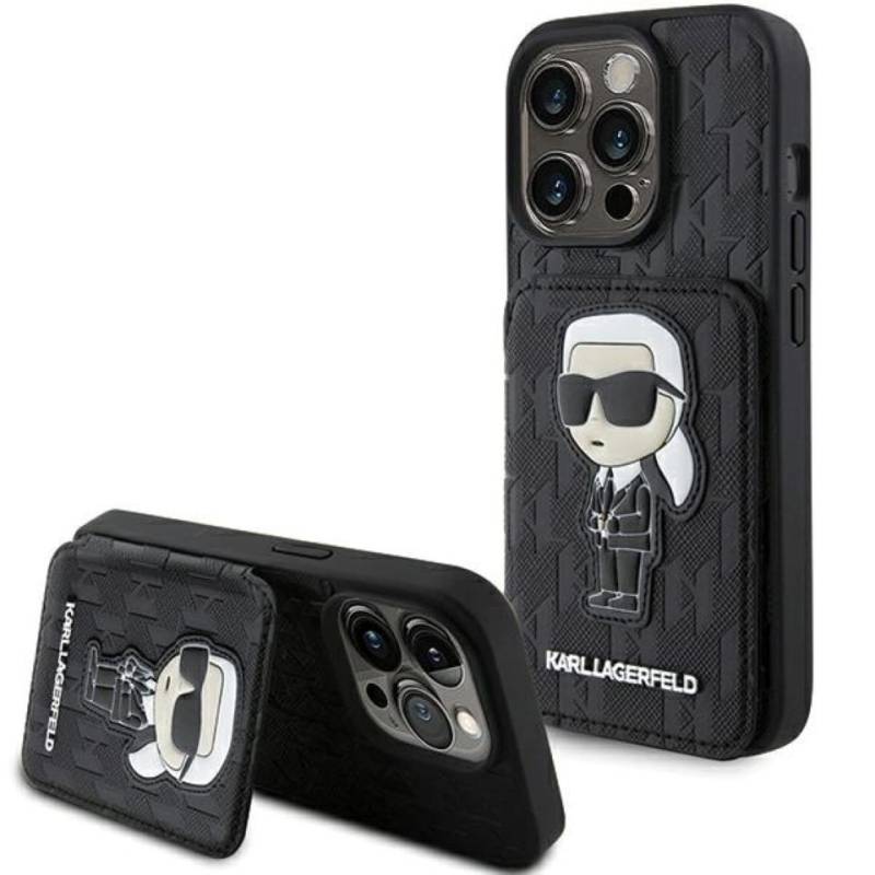KARL LAGERFELD Handyhülle Case iPhone 15 Pro Max aufstellbar Kunstleder schwarz 6,7 Zoll, Kantenschutz von KARL LAGERFELD