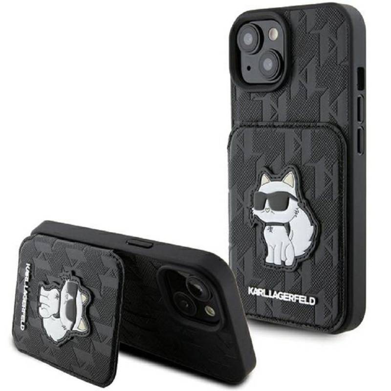 KARL LAGERFELD Handyhülle Case iPhone 15 aufstellbar Katze Kunstleder schwarz Logo 6,1 Zoll, Kantenschutz von KARL LAGERFELD