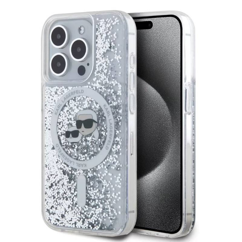 KARL LAGERFELD Handyhülle iPhone 15 Pro Max Glitter silber MagSafe Logo 6,7 Zoll, Kantenschutz von KARL LAGERFELD