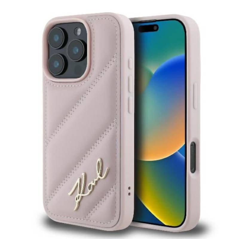 KARL LAGERFELD Handyhülle iPhone 16 Pro Kunstleder rosa Logo goldfarbig 6,3 Zoll, Kantenschutz von KARL LAGERFELD