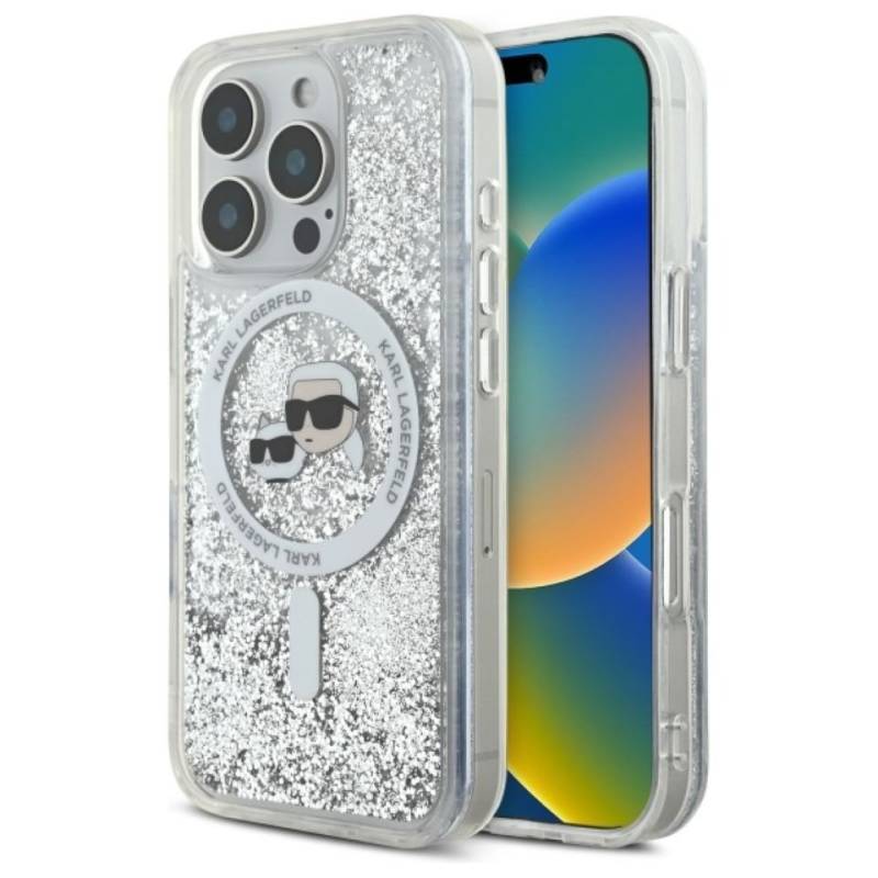 KARL LAGERFELD Handyhülle iPhone 16 Pro Max Glitter silber MagSafe Logo 6,9 Zoll, Kantenschutz von KARL LAGERFELD