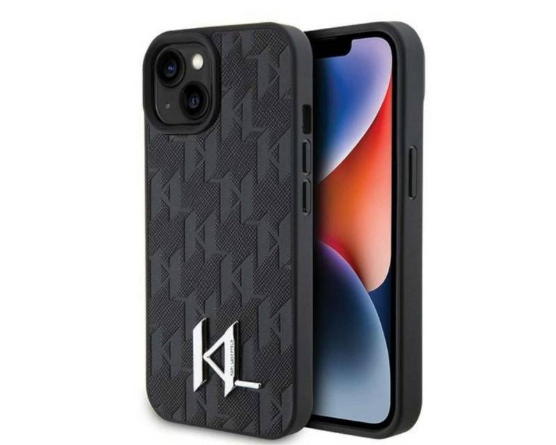 KARL LAGERFELD Smartphone-Hülle Karl Lagerfeld Apple iPhone 15 Hülle Leather Monogram Hot Stamp Metal von KARL LAGERFELD