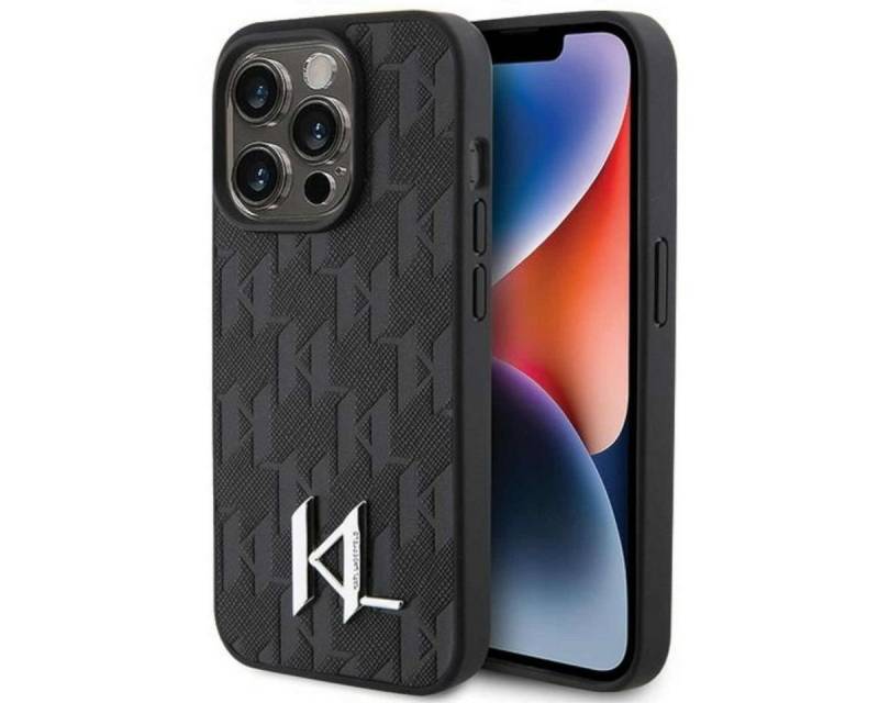 KARL LAGERFELD Smartphone-Hülle Karl Lagerfeld Apple iPhone 15 Pro Case Leder Monogram Hot Stamp Metal von KARL LAGERFELD