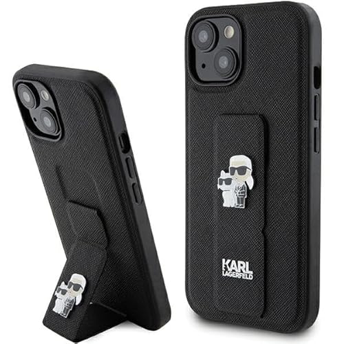 Karl Lagerfeld KLHCP15SGSAKCPK Hülle für iPhone 15 6.1" Schwarz hardcase Gripstand Saffiano Karl&Choupette Pins von KARL LAGERFELD