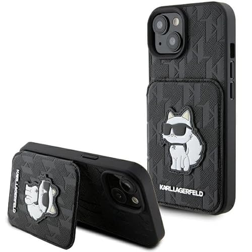 Karl Lagerfeld KLHCP15SSAKCNSCK Hülle für iPhone 15 6.1" Schwarz hardcase Saffiano Cardslots and Stand Monogram Choupette von KARL LAGERFELD