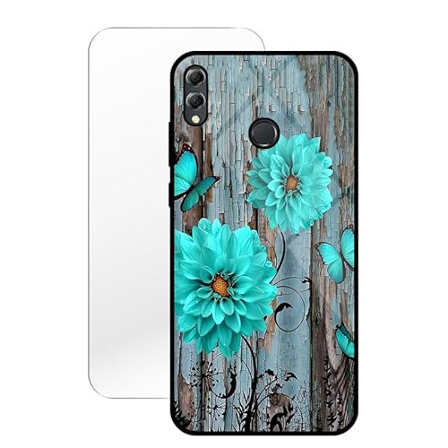 KARTXITAI Hülle Kompatibel mit Huawei Honor 8X Max,Stoßfest Hybrid Schutzhülle [TPU Silikon Bumper+Glas Rückseite] mit Blaue Blumen Schmetterlinge Motiv Handyhülle Cover+Glas Displayschutz von KARTXITAI