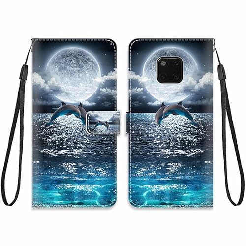 KARTXITAI Hülle Kompatibel mit Huawei Mate 20 Pro,Leder Handyhülle mit Kartenfach Geld Slot Ständer PU Ledertasche Wallet Flip Magnetische Muster Schutzhülle-Delfine,Meer Mond,Himmel von KARTXITAI