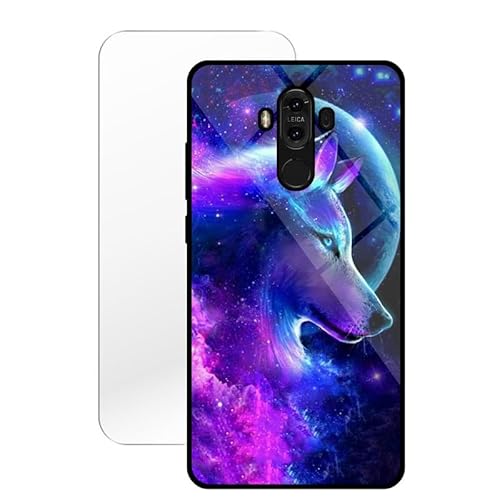 KARTXITAI Hülle Kompatibel mit Huawei Mate 9,Stoßfest Hybrid Schutzhülle [TPU Silikon Bumper+Glas Rückseite] mit Mond Wolf Wolke Motiv Handyhülle Cover+Glas Displayschutz von KARTXITAI