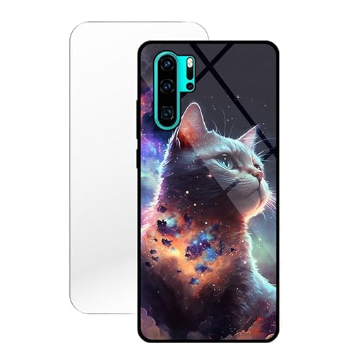 KARTXITAI Hülle Kompatibel mit Huawei P30 Pro,Stoßfest Hybrid Schutzhülle [TPU Silikon Bumper+Glas Rückseite] mit Katze Wolken Nacht Motiv Handyhülle Cover+Glas Displayschutz von KARTXITAI