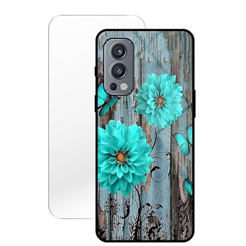 KARTXITAI Hülle Kompatibel mit OnePlus Nord 2 5G,Stoßfest Hybrid Schutzhülle [TPU Silikon Bumper+Glas Rückseite] mit Blaue Blumen Schmetterlinge Motiv Handyhülle Cover+Glas Displayschutz von KARTXITAI