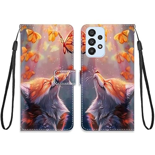 KARTXITAI Hülle Kompatibel mit Samsung Galaxy A33 5G,Leder Handyhülle mit Kartenfach Geld Slot Ständer PU Ledertasche Wallet Flip Magnetische Muster Schutzhülle-Fuchs,Schmetterling von KARTXITAI