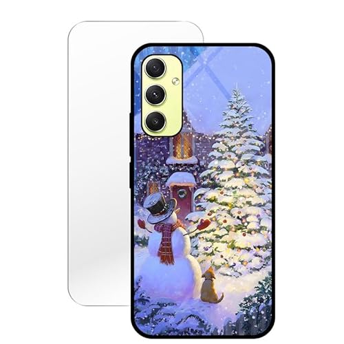 KARTXITAI Hülle Kompatibel mit Samsung Galaxy A34 5G,Stoßfest Hybrid Schutzhülle [TPU Silikon Bumper+Glas Rückseite] mit Weihnachten MusterSchneemann 4 Handyhülle Cover+Glas Displayschutz von KARTXITAI