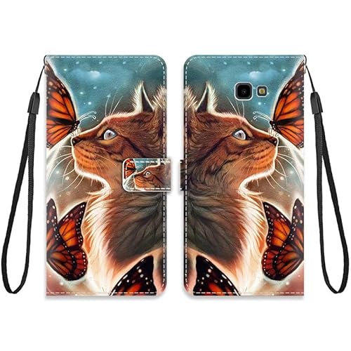 KARTXITAI Hülle Kompatibel mit Samsung Galaxy J4 Plus (2018),Leder Handyhülle mit Kartenfach Geld Slot Ständer Ledertasche Wallet Flip Magnetische Muster Schutzhülle-Katze,Schmetterling von KARTXITAI