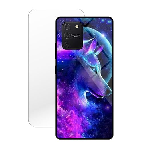 KARTXITAI Hülle Kompatibel mit Samsung Galaxy S10 Lite,Stoßfest Hybrid Schutzhülle [TPU Silikon Bumper+Glas Rückseite] mit Mond Wolf Wolke Motiv Handyhülle Cover+Glas Displayschutz von KARTXITAI