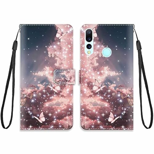 KARTXITAI Hülle Kompatibel mit UMIDIGI A5 PRO,Leder Handyhülle mit Kartenfach Geld Slot Ständer PU Ledertasche Wallet Flip Magnetische Muster Schutzhülle-Rosa Schmetterling Himmel,Wolken von KARTXITAI