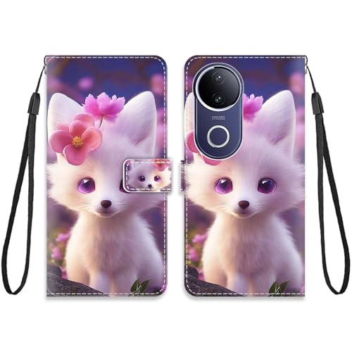 KARTXITAI Hülle Kompatibel mit VIVO V50e 5G,Handyhülle mit Kartenfach Geld Slot Ständer PU Ledertasche Wallet Flip Magnetische Muster Schutzhülle-Weißer Tiger,rosa Blume von KARTXITAI
