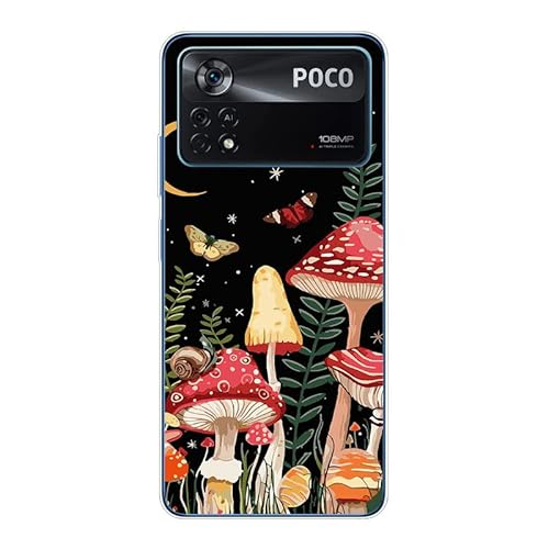 KARTXITAI Hülle Kompatibel mit Xiaomi Poco X4 Pro 5G, Stoßfeste Schutzhülle mit Weiche Silikon Bumper Case Handyhülle Anti-Kratzt Transparent Rückseite - Pilz, Schmetterling, Mond von KARTXITAI