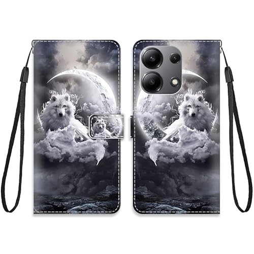 KARTXITAI Hülle Kompatibel mit Xiaomi Redmi Note 13 4G,Leder Handyhülle mit Kartenfach Geld Slot Ständer PU Ledertasche Wallet Flip Magnetische Muster Schutzhülle-Mondwolf,Wolken,Himmel,Meer von KARTXITAI