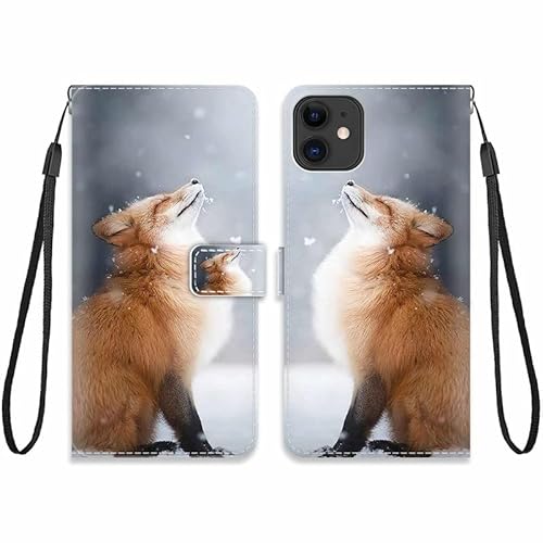 KARTXITAI Hülle Kompatibel mit iPhone 11,Leder Handyhülle mit Kartenfach Geld Slot Ständer PU Ledertasche Wallet Flip Magnetische Muster Schutzhülle-Fuchs,Schnee von KARTXITAI