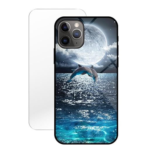 KARTXITAI Hülle Kompatibel mit iPhone 11 Pro,Stoßfest Hybrid Schutzhülle [TPU Silikon Bumper+Glas Rückseite] mit Delphin Seewasser Motiv Handyhülle Cover+Glas Displayschutz von KARTXITAI
