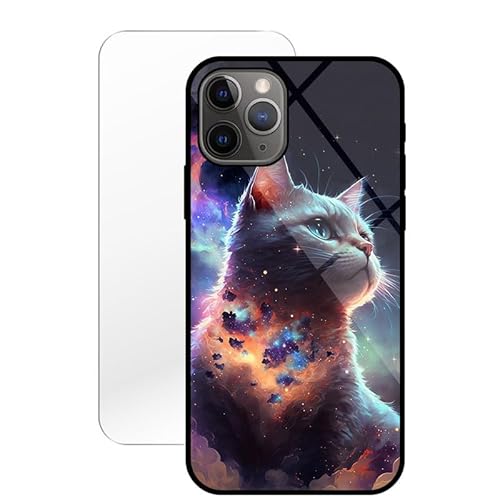 KARTXITAI Hülle Kompatibel mit iPhone 11 Pro,Stoßfest Hybrid Schutzhülle [TPU Silikon Bumper+Glas Rückseite] mit Katze Wolken Nacht Motiv Handyhülle Cover+Glas Displayschutz von KARTXITAI