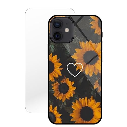 KARTXITAI Hülle Kompatibel mit iPhone 12 Mini,Stoßfest Hybrid Schutzhülle [TPU Silikon Bumper+Glas Rückseite] mit Sonnenblume Liebe Motiv Handyhülle Cover+Glas Displayschutz von KARTXITAI