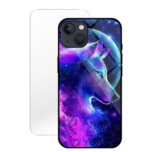 KARTXITAI Hülle Kompatibel mit iPhone 13,Stoßfest Hybrid Schutzhülle [TPU Silikon Bumper+Glas Rückseite] mit Mond Wolf Wolke Motiv Handyhülle Cover+Glas Displayschutz von KARTXITAI
