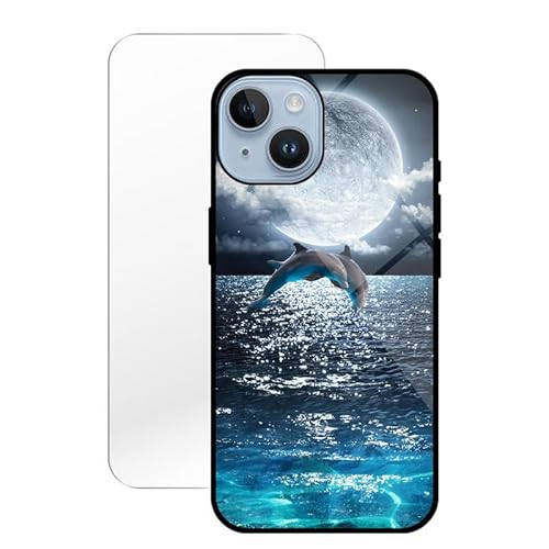 KARTXITAI Hülle Kompatibel mit iPhone 14,Stoßfest Hybrid Schutzhülle [TPU Silikon Bumper+Glas Rückseite] mit Delphin Seewasser Motiv Handyhülle Cover+Glas Displayschutz von KARTXITAI
