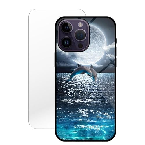 KARTXITAI Hülle Kompatibel mit iPhone 14 Pro Max,Stoßfest Hybrid Schutzhülle [TPU Silikon Bumper+Glas Rückseite] mit Delphin Seewasser Motiv Handyhülle Cover+Glas Displayschutz von KARTXITAI