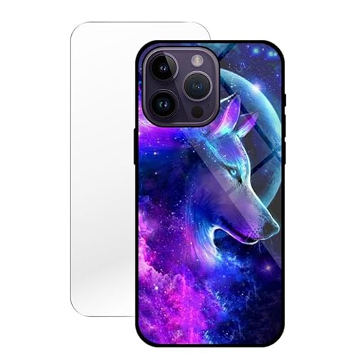 KARTXITAI Hülle Kompatibel mit iPhone 14 Pro Max,Stoßfest Hybrid Schutzhülle [TPU Silikon Bumper+Glas Rückseite] mit Mond Wolf Wolke Motiv Handyhülle Cover+Glas Displayschutz von KARTXITAI