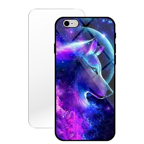 KARTXITAI Hülle Kompatibel mit iPhone 6 / 6S,Stoßfest Hybrid Schutzhülle [TPU Silikon Bumper+Glas Rückseite] mit Mond Wolf Wolke Motiv Handyhülle Cover+Glas Displayschutz von KARTXITAI