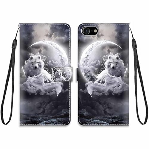 KARTXITAI Hülle Kompatibel mit iPhone SE 2020/8/7,Leder Handyhülle mit Kartenfach Geld Slot Ständer PU Ledertasche Wallet Flip Magnetische Muster Schutzhülle-Mondwolf,Wolken,Himmel,Meer von KARTXITAI