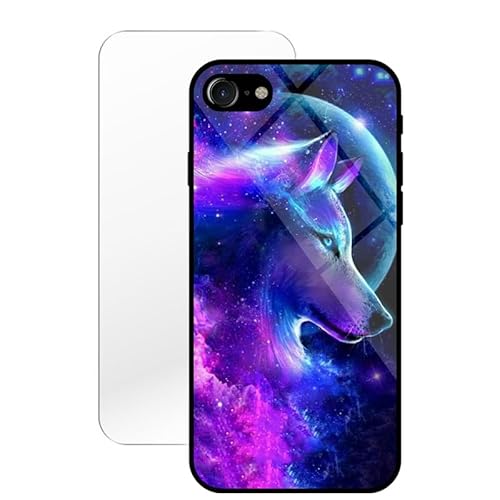 KARTXITAI Hülle Kompatibel mit iPhone SE 2020/8/7,Stoßfest Hybrid Schutzhülle [TPU Silikon Bumper+Glas Rückseite] mit Mond Wolf Wolke Motiv Handyhülle Cover+Glas Displayschutz von KARTXITAI