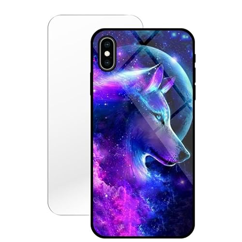 KARTXITAI Hülle Kompatibel mit iPhone XS Max,Stoßfest Hybrid Schutzhülle [TPU Silikon Bumper+Glas Rückseite] mit Mond Wolf Wolke Motiv Handyhülle Cover+Glas Displayschutz von KARTXITAI