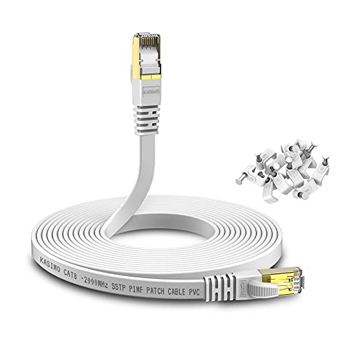 KASIMO CAT 8 Lan Kabel 20meter Flach 40 Gbits / 2000MHz – Netzwerkkabel Cat 8 Gigabit - Ethernet Kabel mit vergoldetem RJ45 Patchkabel Weiß von KASIMO