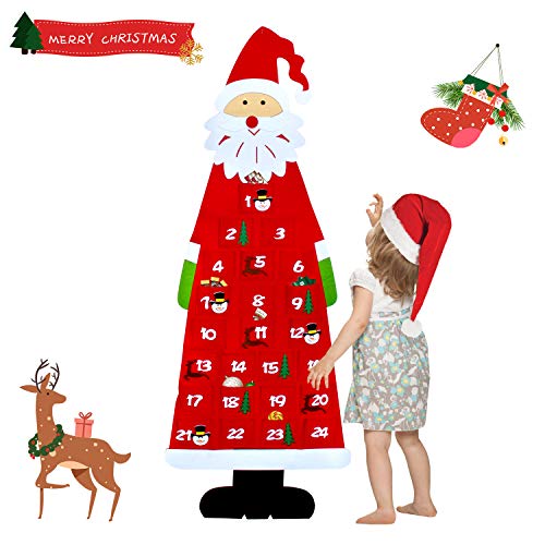 KATELUO Filz-Adventskalender Santa, Weihnachtsmann Adventskalender mit 24 Taschen, Adventskalender, Filz Nikolaus Adventskalender für Indoor Wanddekorationen, Home Deco,Weihnachtsschmuck (Rot) von KATELUO