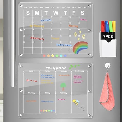 2 Stück Acryl Kalender Magnetisch Wochenplaner Abwischbar & Monatsplaner Abwischbar, 40×30cm Magnettafel Kühlschrank, Essensplaner Woche Planungstafeln Stundenplan to do Liste von KATREU