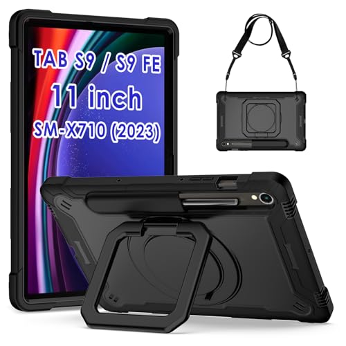 KATUMO Hülle für Samsung Galaxy Tab S9 FE/S9 2023, Stoßfeste Robust Schutzhülle mit Stifthalter, Dreischichtiger Schutz, 360°+180°-Drehung für die Verwendung mehrerer Ansichten,Case mit Schultergurt von KATUMO