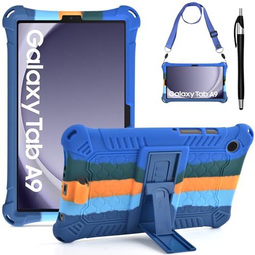 KATUMO Silikon Kinder Hülle für Samsung Galaxy Tab A9 2023 8,7 Zoll (SM-X110/X115/X117) Schutzhülle mit Schultergurt und Stylus Pen Kinderfreundliche Bunt Cover Case für Samsung Galaxy Tablet A9 8,7 von KATUMO