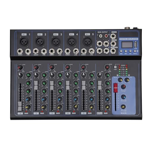 Audio Mixer Professioneller, 7 Kanal Audio Mischpult mit 6 Musikmodi Bluetooth, Mini-Audio-DJ-Mixer Soundboard-Konsolensystem, DJ Live Mixer Studio von KAUITOPU