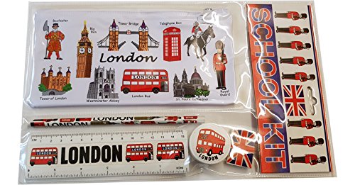#1 Bestselling All In One School Kit - London Souvenir - Pen / Pencil Case, Sharpener, Eraser / Rubber, Ruler (inches/cm) - Trousse / Federmappchen / Caja de Lapices / Astuccio - White - EVERYTHING LONDON - Black Cab / Red Phone Box / London Bus / Royal Guard / Beefeater / Tower of London / Big Ben / Westminster Abbey / Tower Bridge / St Paul's Cathedral - Top Quality Product von KAV
