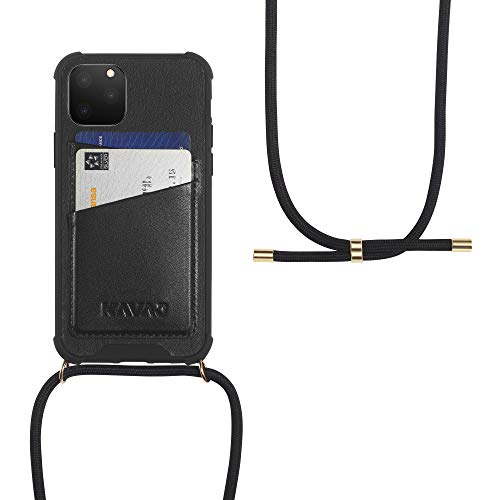 KAVAJ Hülle mit Band geeignet für Apple iPhone 11 Pro 5.8" Leder - Amsterdam - Handyhülle Handykette Handytasche mit Kette zum Umhängen - Kordel Schwarz/Ring Gold von KAVAJ